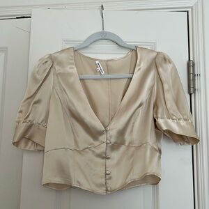 Reformation champagne silk puff sleeve blouse cropped